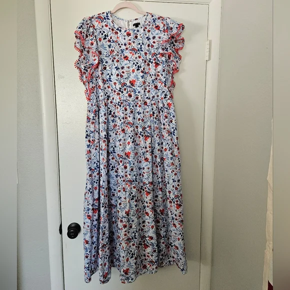 Ann Taylor Floral Ruffle Sleeve Maxi Dress Large Red White & Blue - Picture 4 of 11